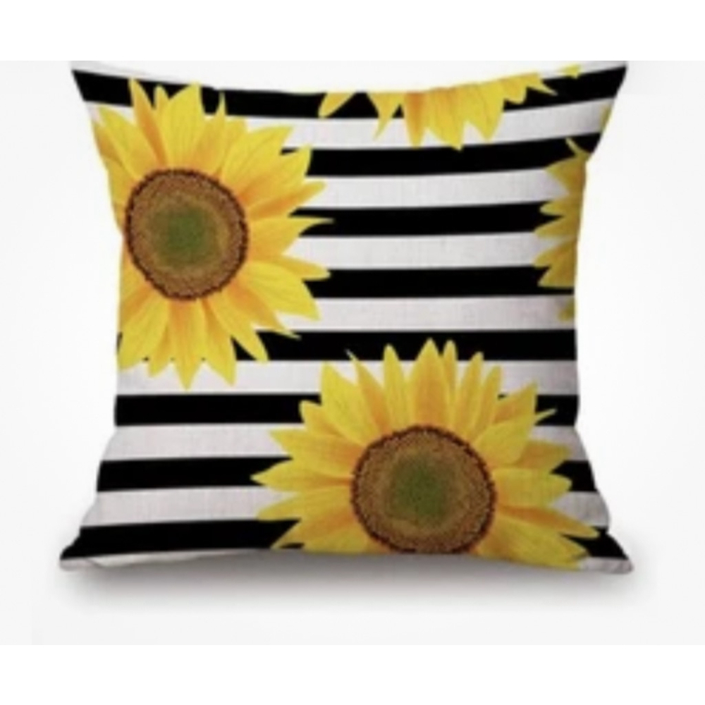 Black and White Striped Sunflower Creative Yellow Decorative Throw Pillow Cover